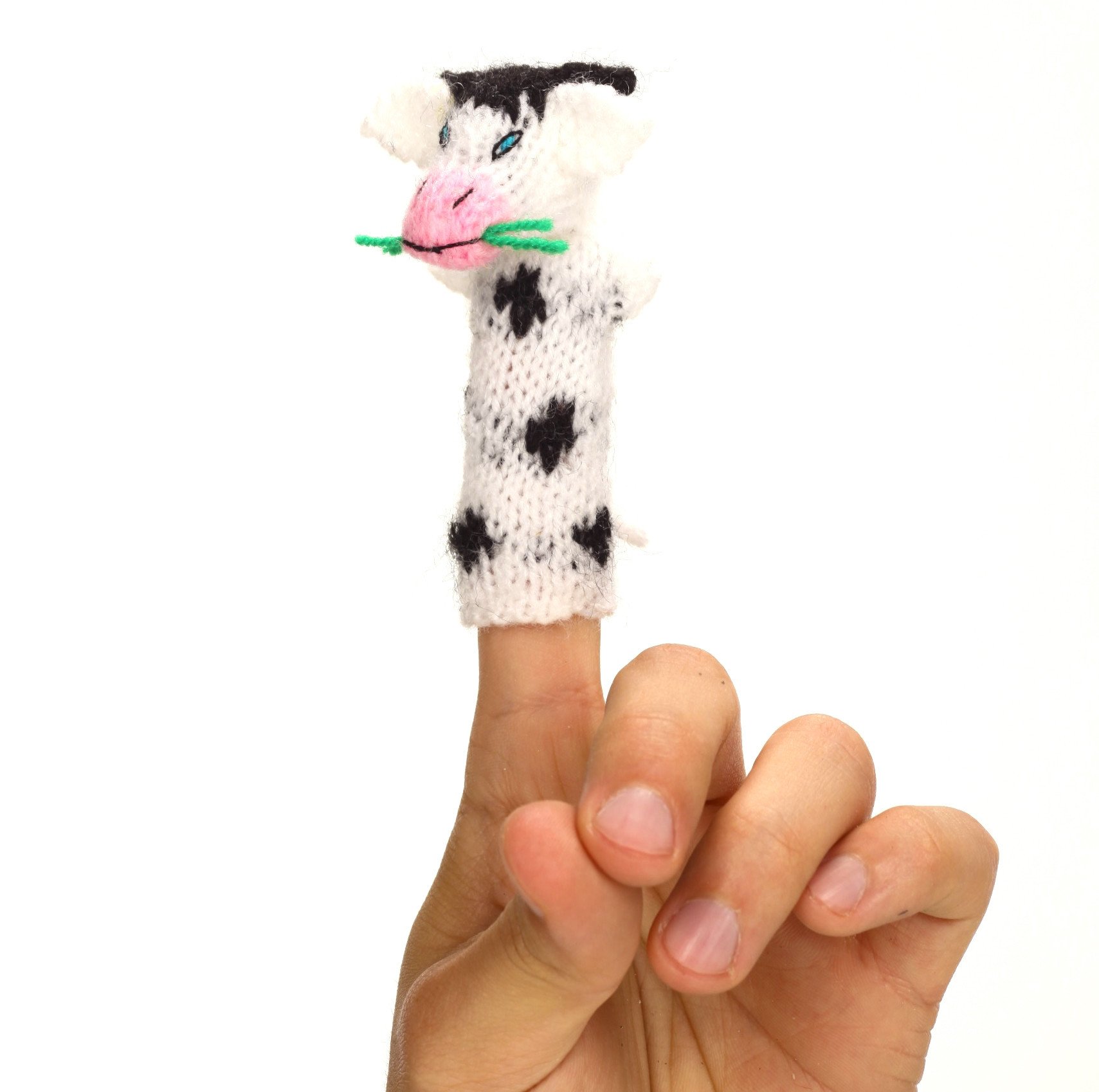 Handcrafted Cow That Jumped Over The Moon finger puppet made from eco-friendly materials, showcasing vibrant colors and unique design.