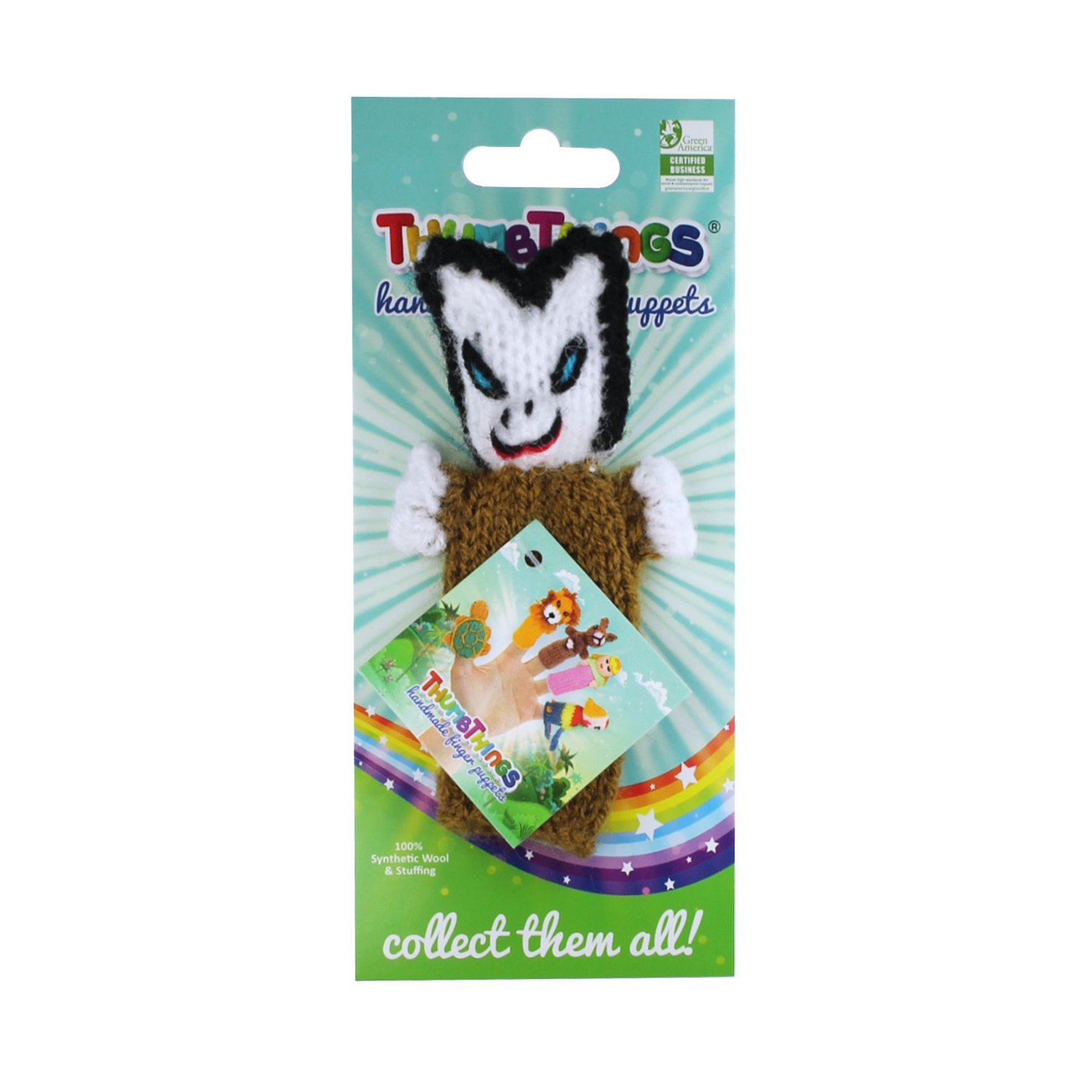 Handcrafted Mysterious Chupacabra finger puppet made from eco-friendly materials, showcasing vibrant colors and unique design.