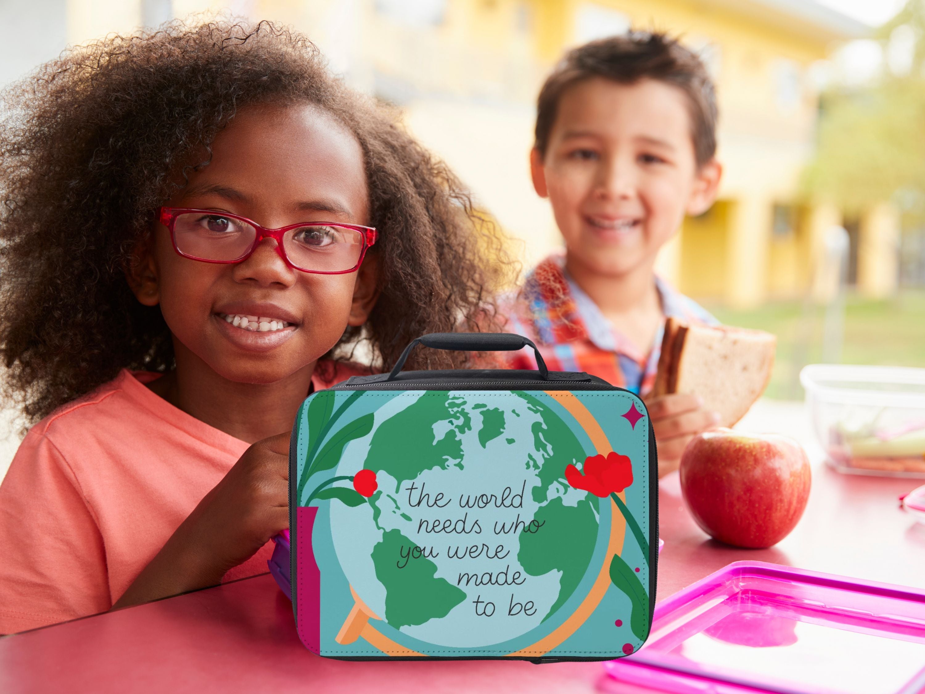 Colorful lunch box featuring inspiring quotes for girls, designed for creativity and courage.