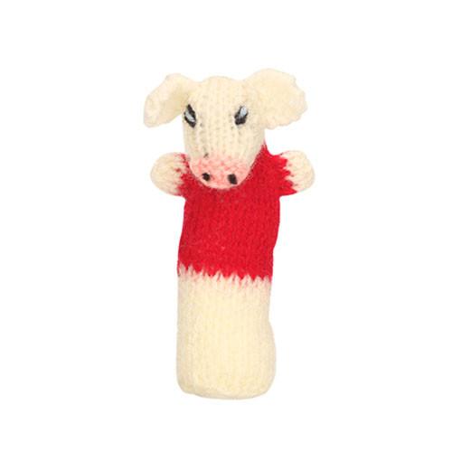 Handcrafted Three Little Pigs finger puppet in red and white, showcasing unique artisan details and eco-friendly materials.