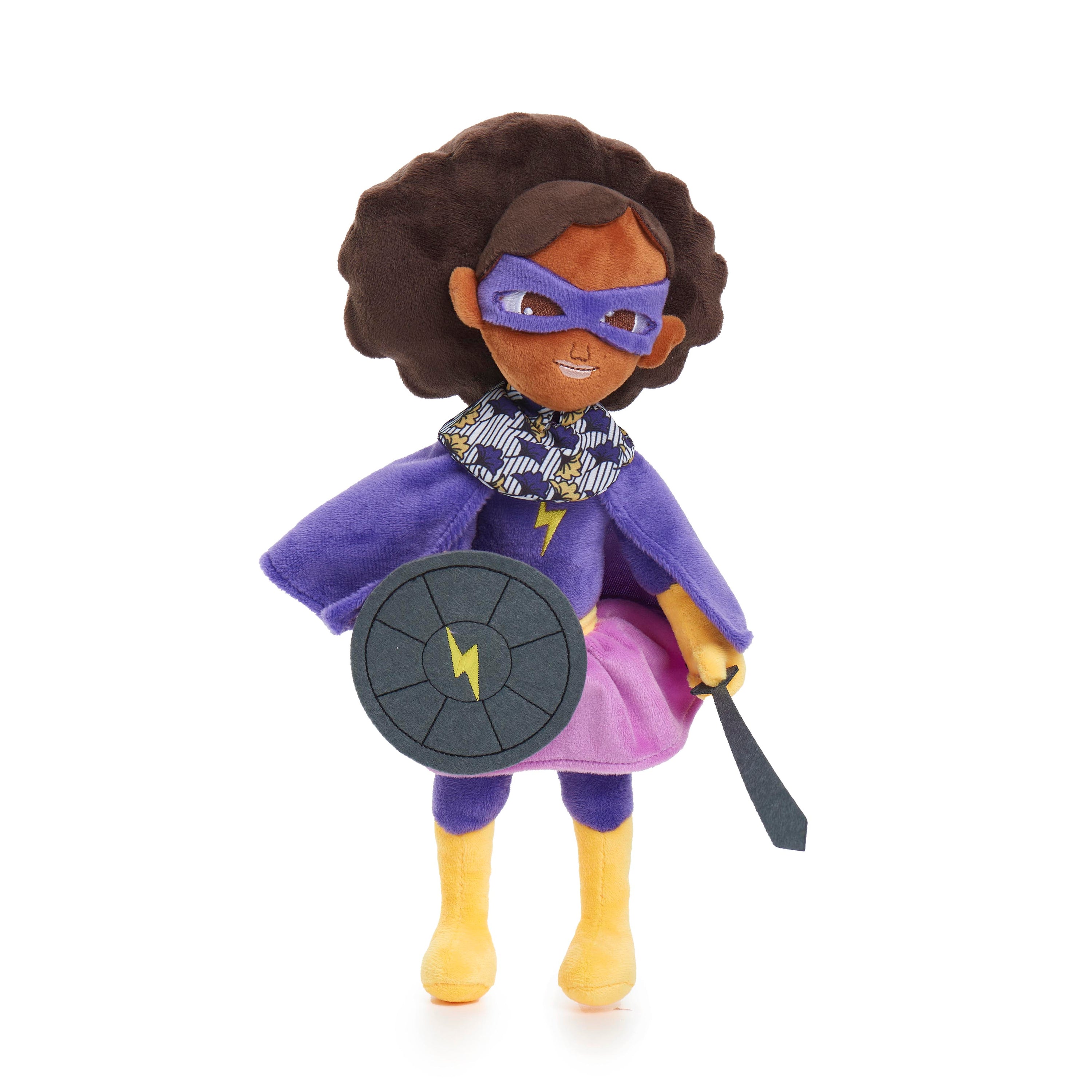 Thundergirl Plushie, a 12-inch soft toy with brown skin and hair, promoting kindness and imaginative play.