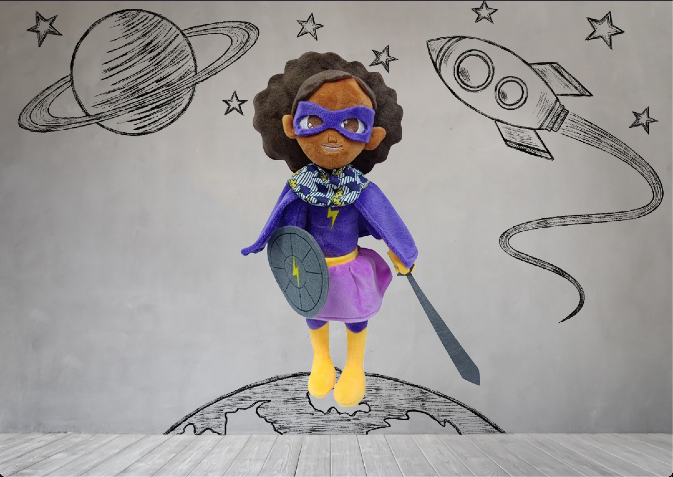 Thundergirl Plushie, a 12-inch soft toy with brown skin and hair, promoting kindness and imaginative play.