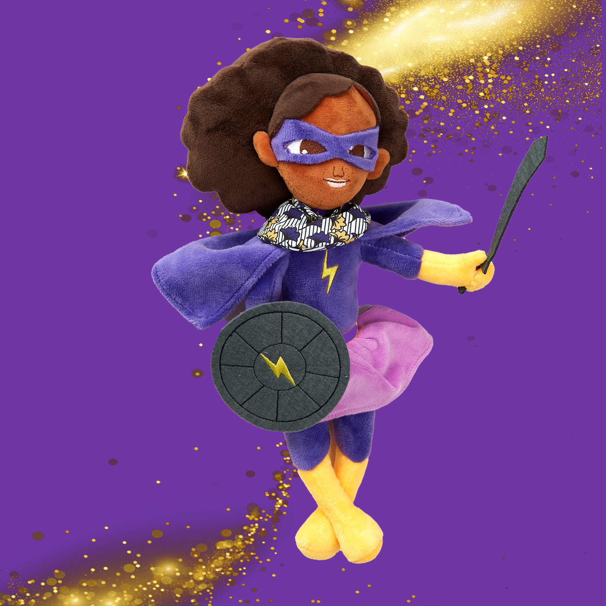 Thundergirl Plushie, a 12-inch soft toy with brown skin and hair, promoting kindness and imaginative play.