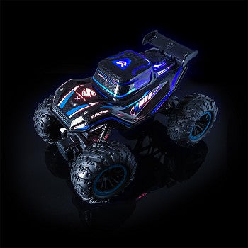 Timber Rover Off-Road RC Monster Truck in vibrant red, showcasing oversized wheels and illuminated features.