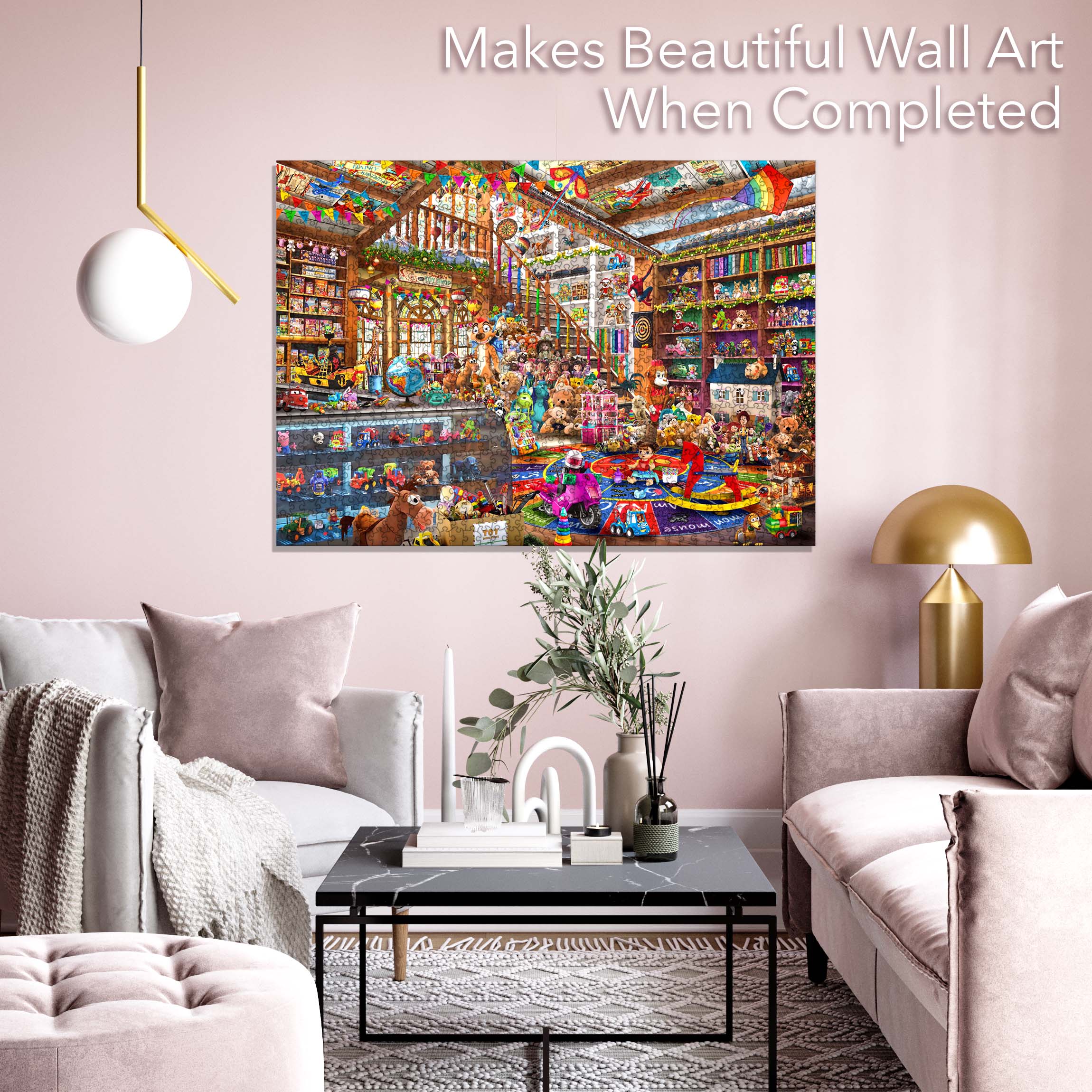 A colorful and detailed 1000-piece jigsaw puzzle featuring various toys, showcasing intricate designs and vibrant colors.