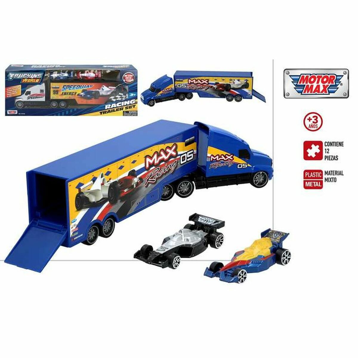 Toy racing truck and cars set.