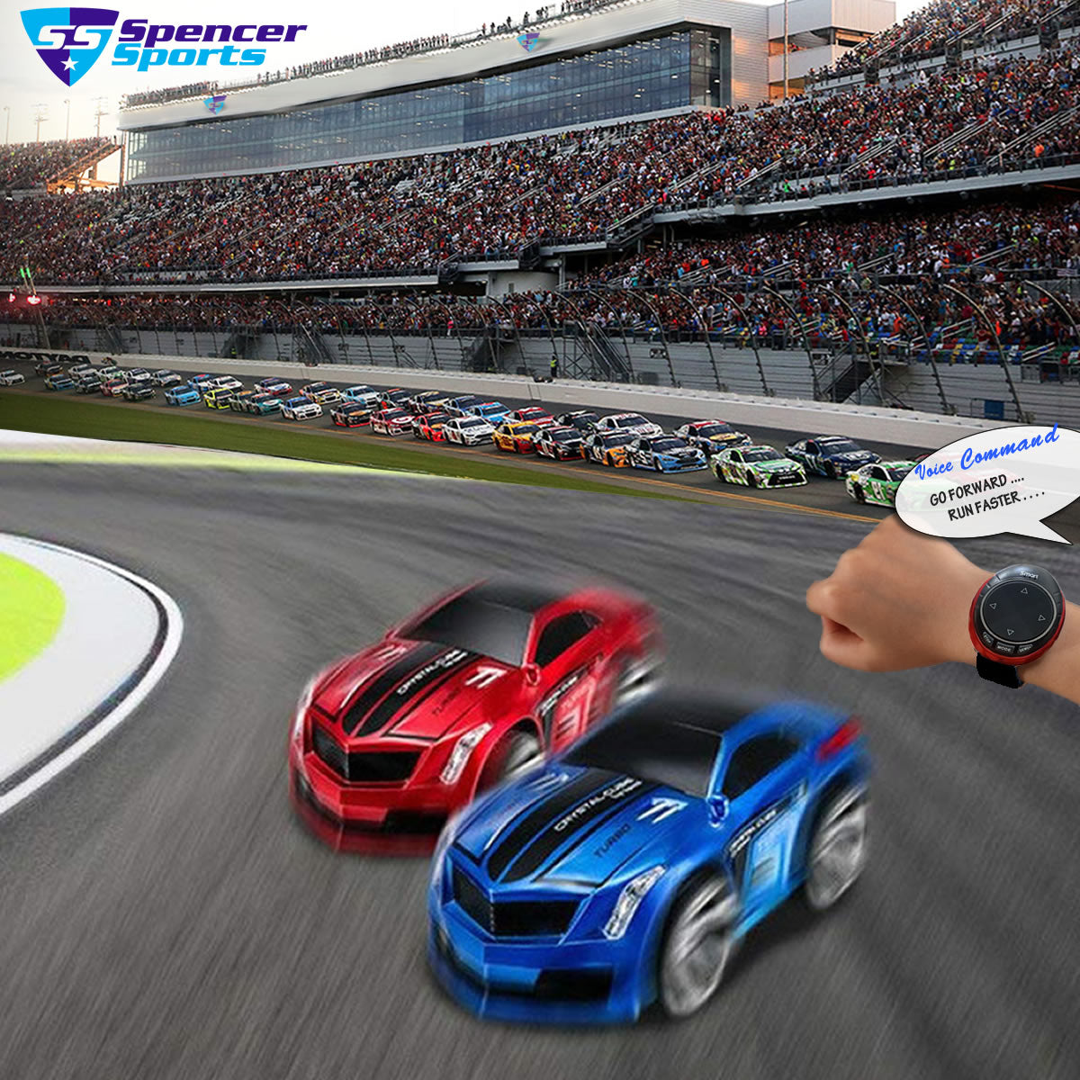 Turbo Racer Voice Activated Remote Control Sports Car with smartwatch and charger, showcasing vibrant colors and sleek design.