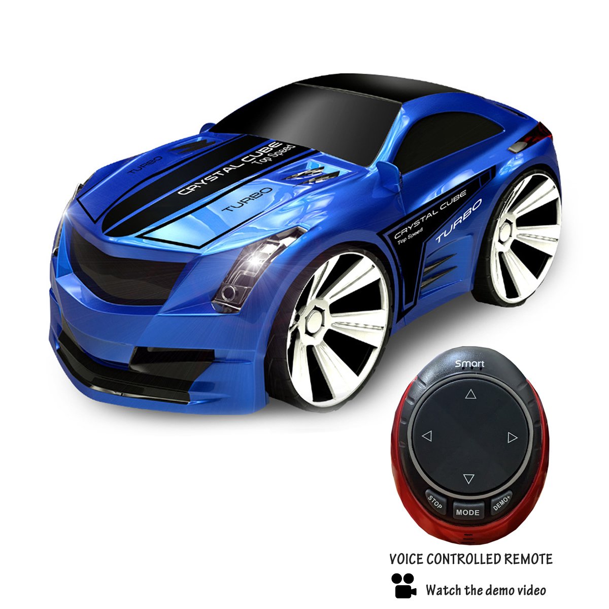 Turbo Racer Voice Activated Remote Control Sports Car with smartwatch and charger, showcasing vibrant colors and sleek design.
