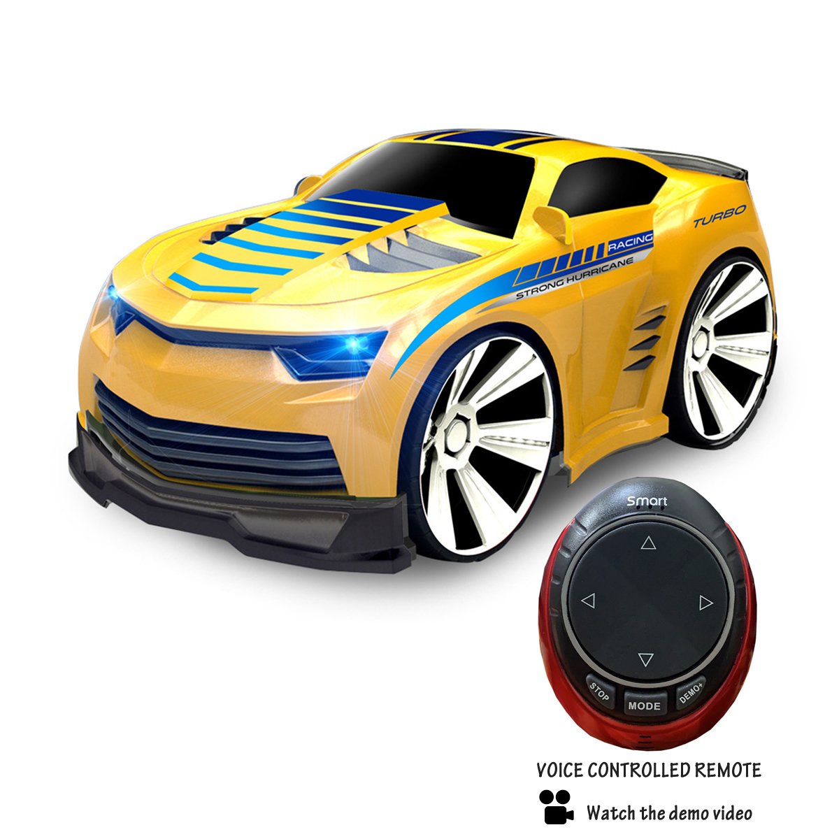 Turbo Racer Voice Activated Remote Control Sports Car with smartwatch and charger, showcasing vibrant colors and sleek design.