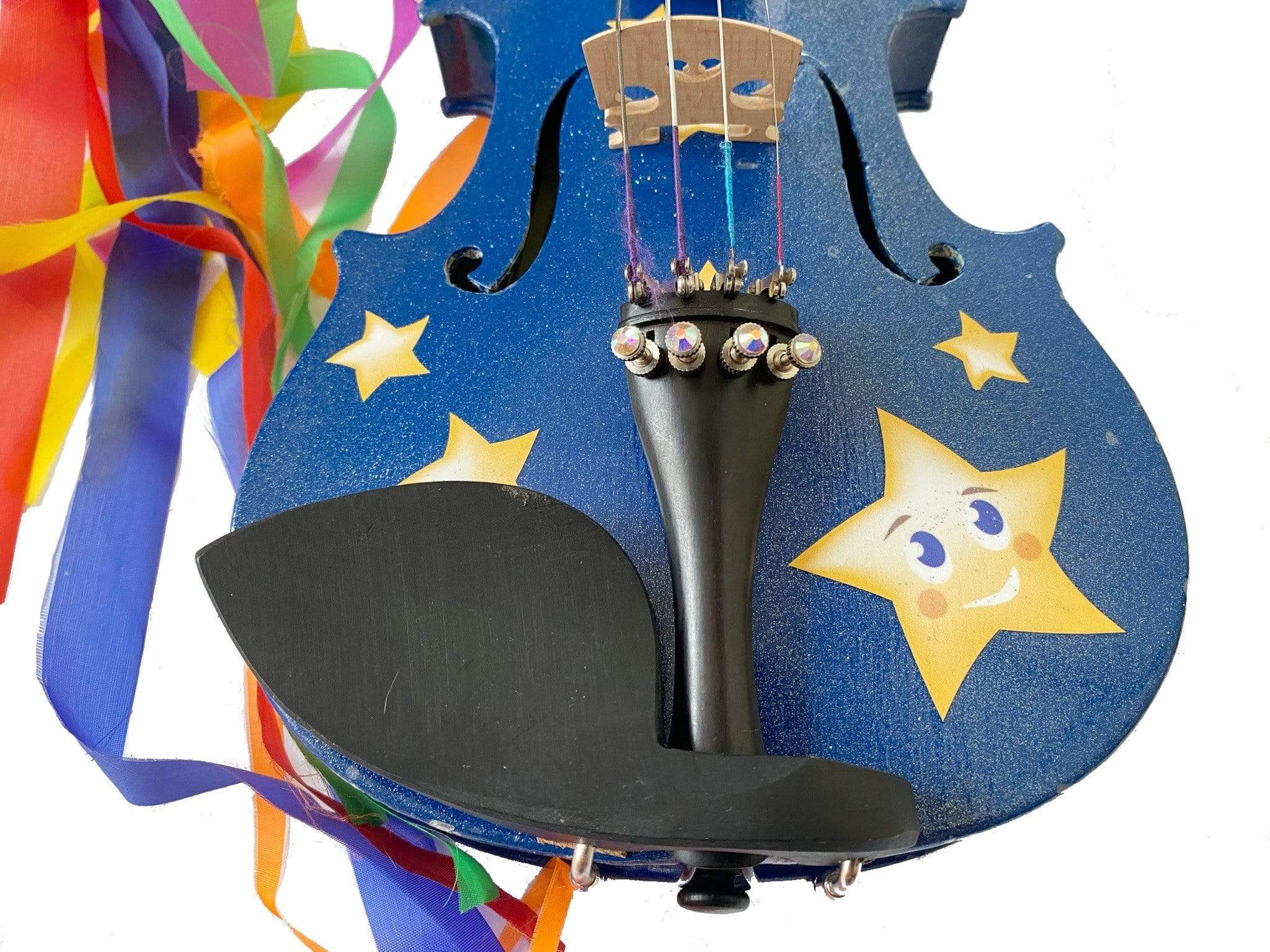 Twinkle Star Violin Outfit, 1/2 with stars and moon design, featuring crystals and a matching blue bow.