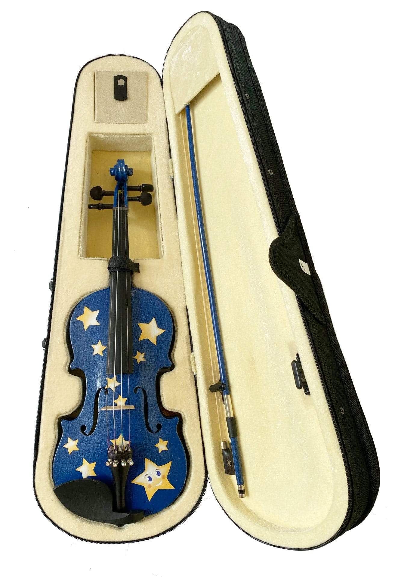 Twinkle Star Violin Outfit, 1/2 with stars and moon design, featuring crystals and a matching blue bow.