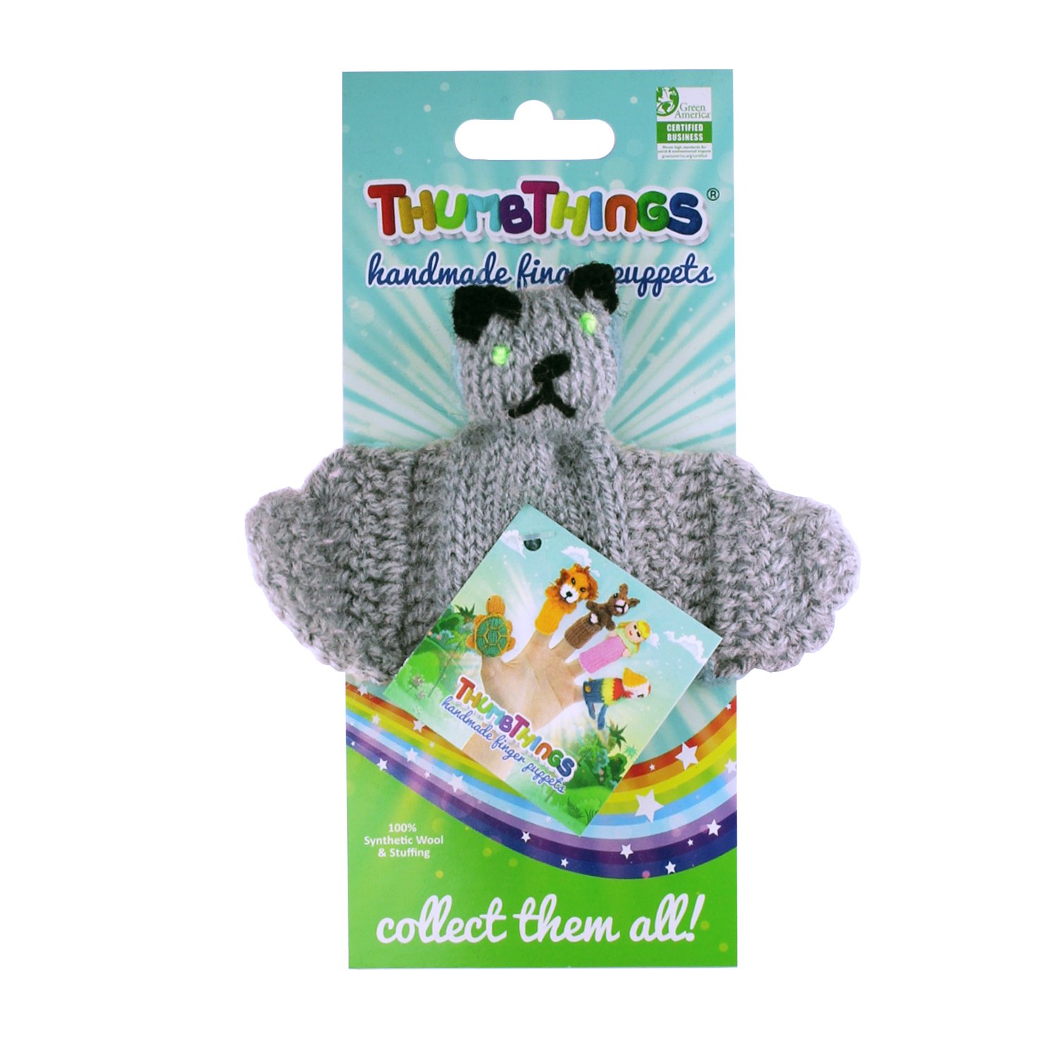 Handcrafted Vampire Bat Finger Puppet made from eco-friendly materials, showcasing vibrant colors and unique design.