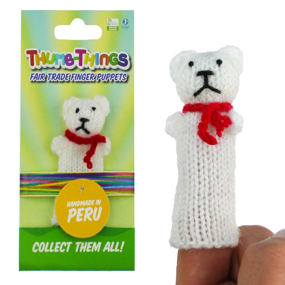 A cute Winter Teddy Bear Finger Puppet made from soft synthetic wool, showcasing its handcrafted details and friendly face, perfect for children's imaginative play.