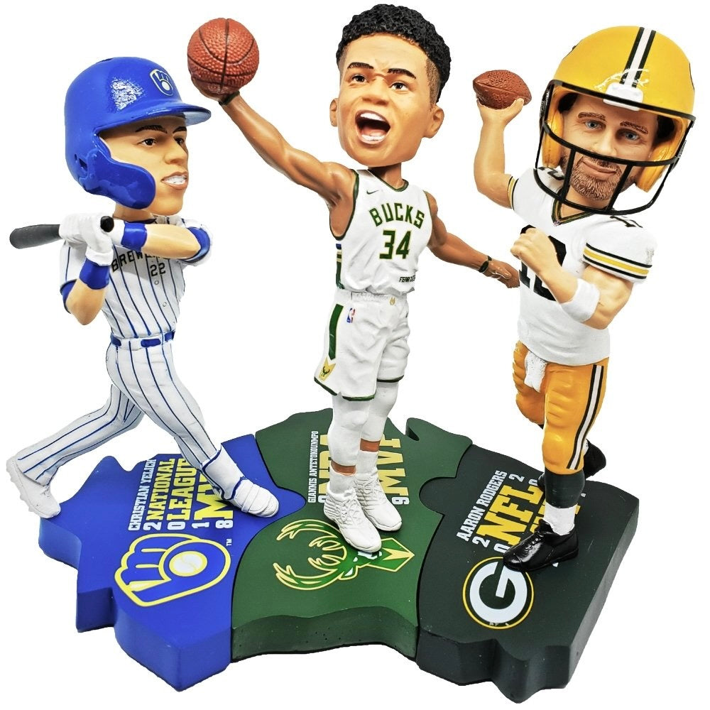 Wisconsin MVPs Triple Bobblehead Set featuring Yelich, Antetokounmpo, and Rodgers with bases forming Wisconsin shape.