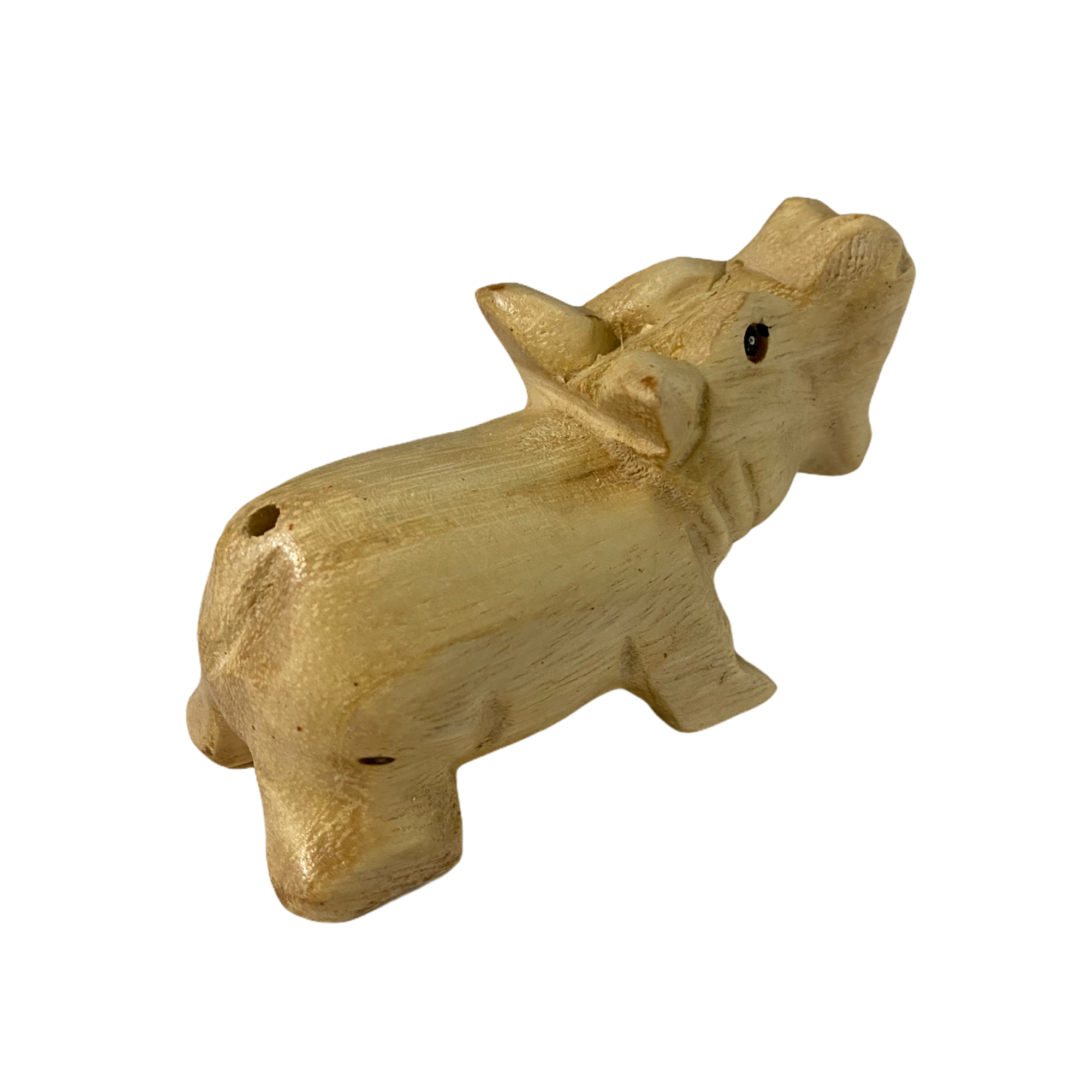Handcrafted wooden hippo whistle percussion instrument, showcasing intricate details and smooth finish.