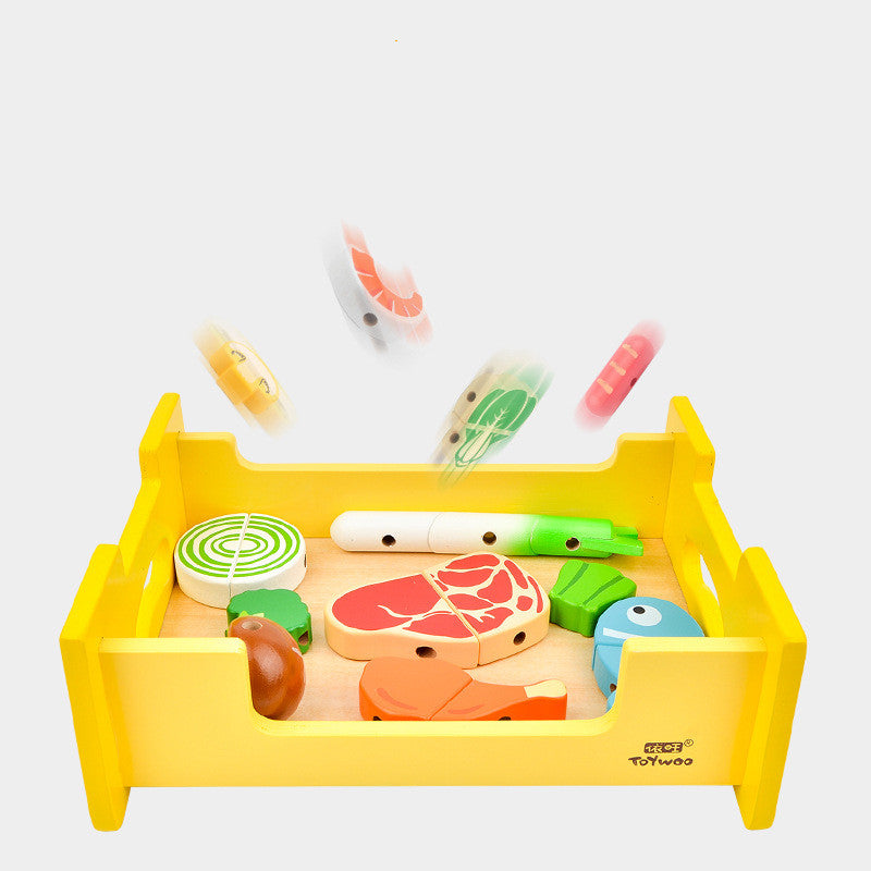 A colorful wooden play kitchen BBQ set toy puzzle featuring various cooking accessories and a barbecue grill, designed for imaginative play.