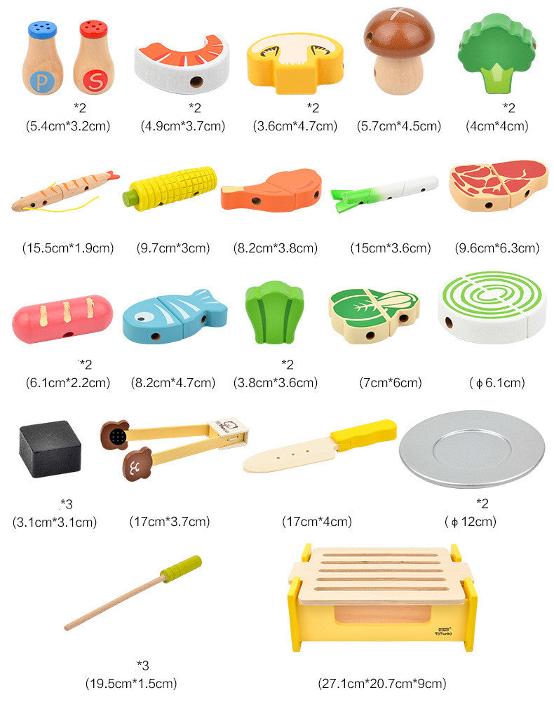 A colorful wooden play kitchen BBQ set toy puzzle featuring various cooking accessories and a barbecue grill, designed for imaginative play.