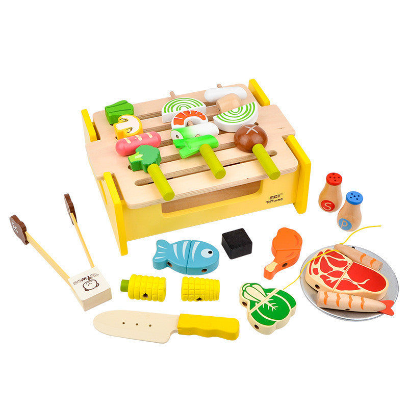 A colorful wooden play kitchen BBQ set toy puzzle featuring various cooking accessories and a barbecue grill, designed for imaginative play.