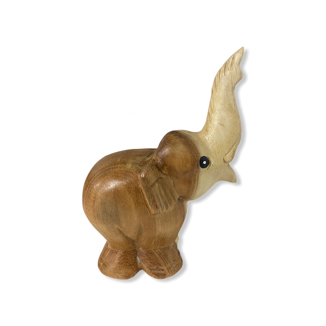 A hand-painted wooden elephant noise maker, standing 5 inches tall, showcasing intricate details and a charming design.