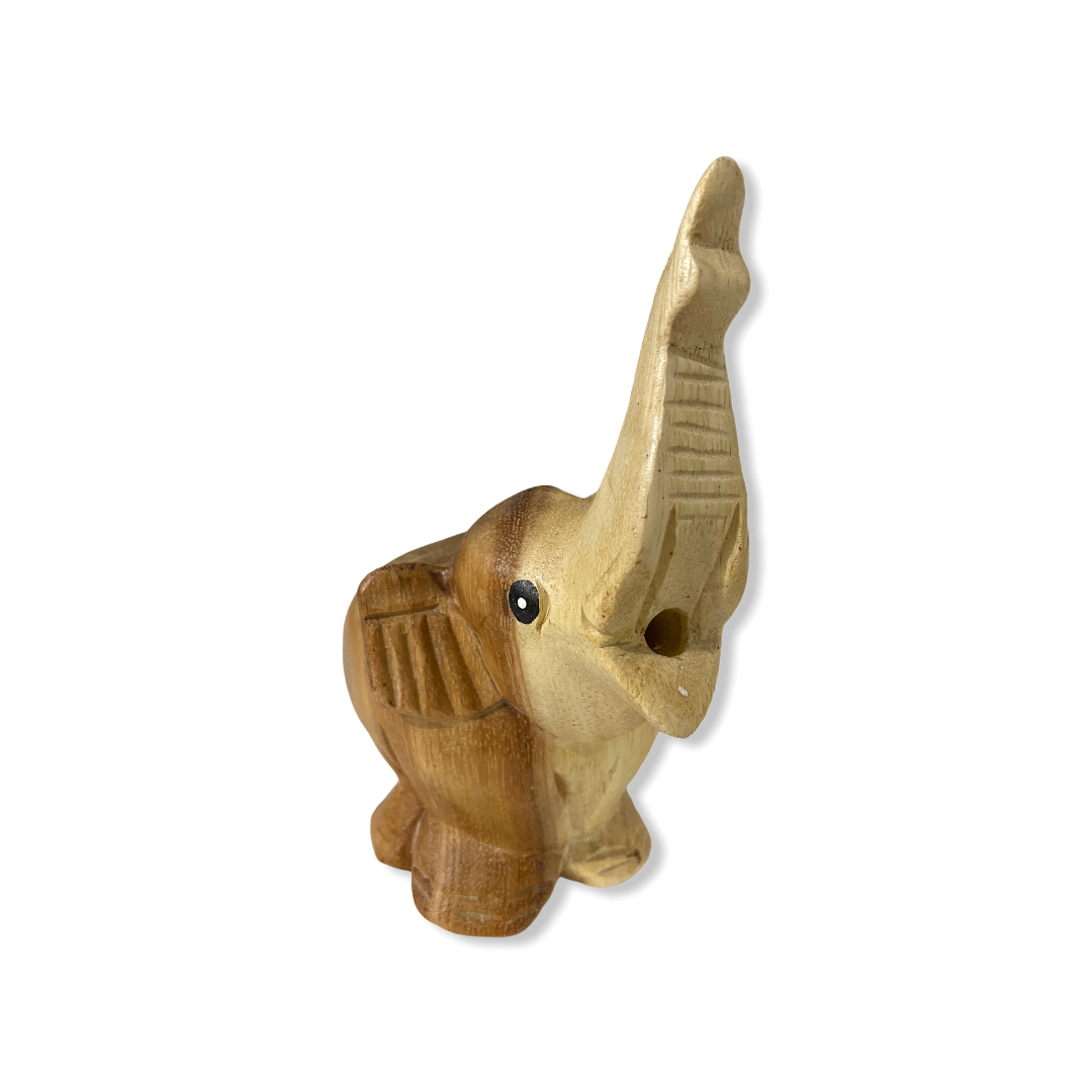 A hand-painted wooden elephant noise maker, standing 5 inches tall, showcasing intricate details and a charming design.