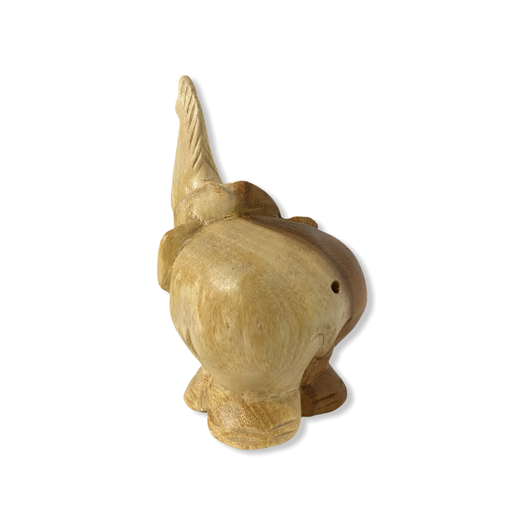 A hand-painted wooden elephant noise maker, standing 5 inches tall, showcasing intricate details and a charming design.