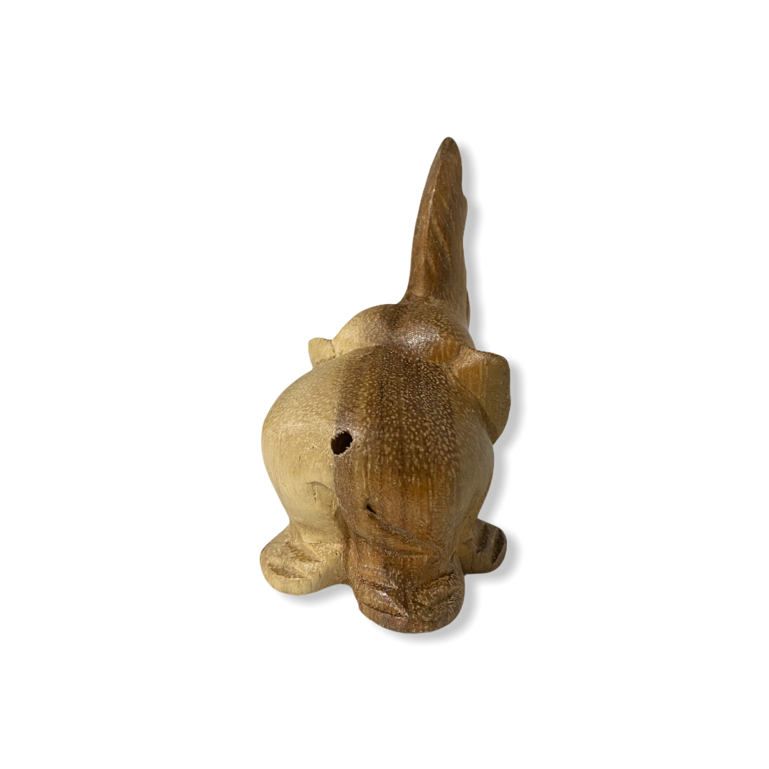 A hand-painted wooden elephant noise maker, standing 5 inches tall, showcasing intricate details and a charming design.
