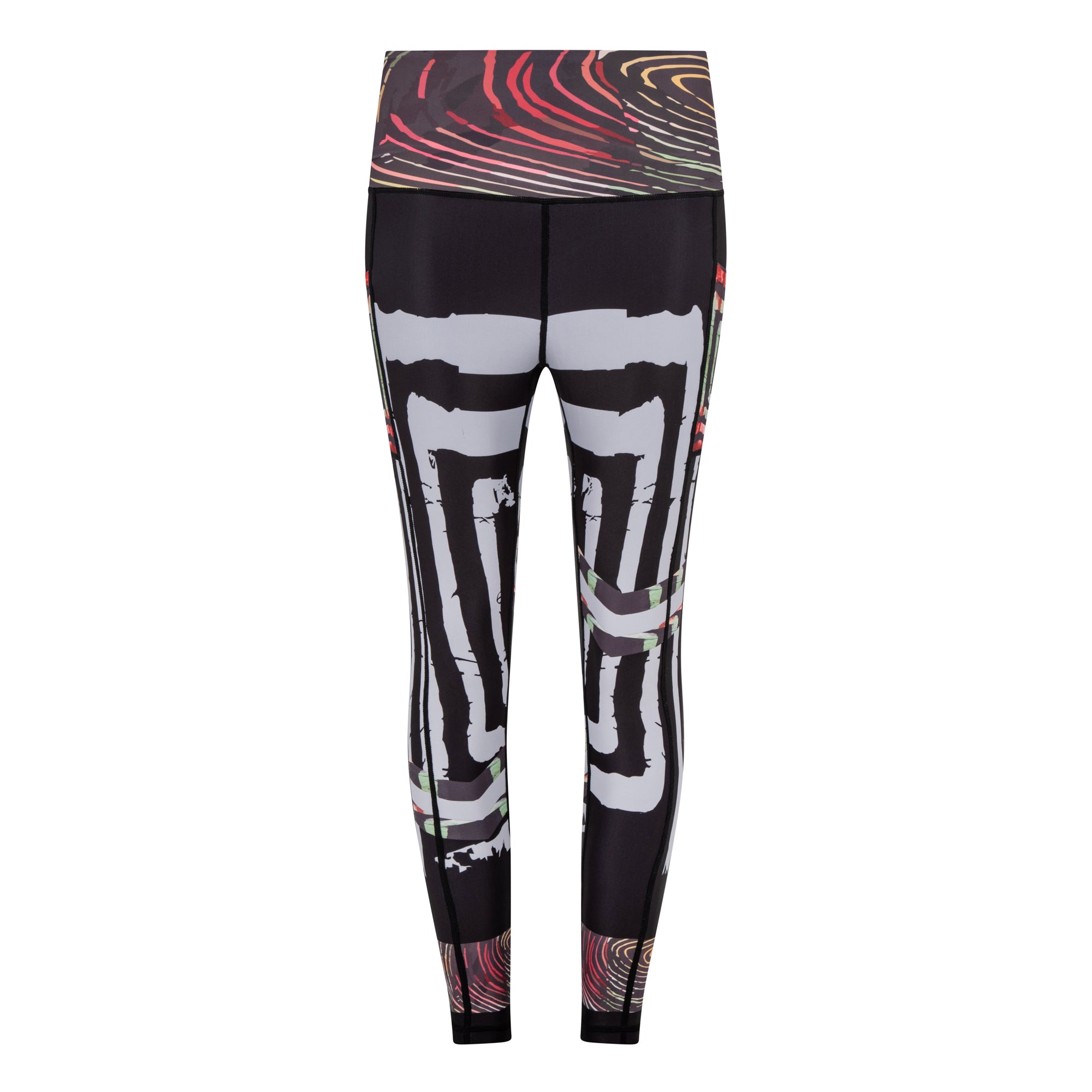 Colorful patterned leggings, back view.