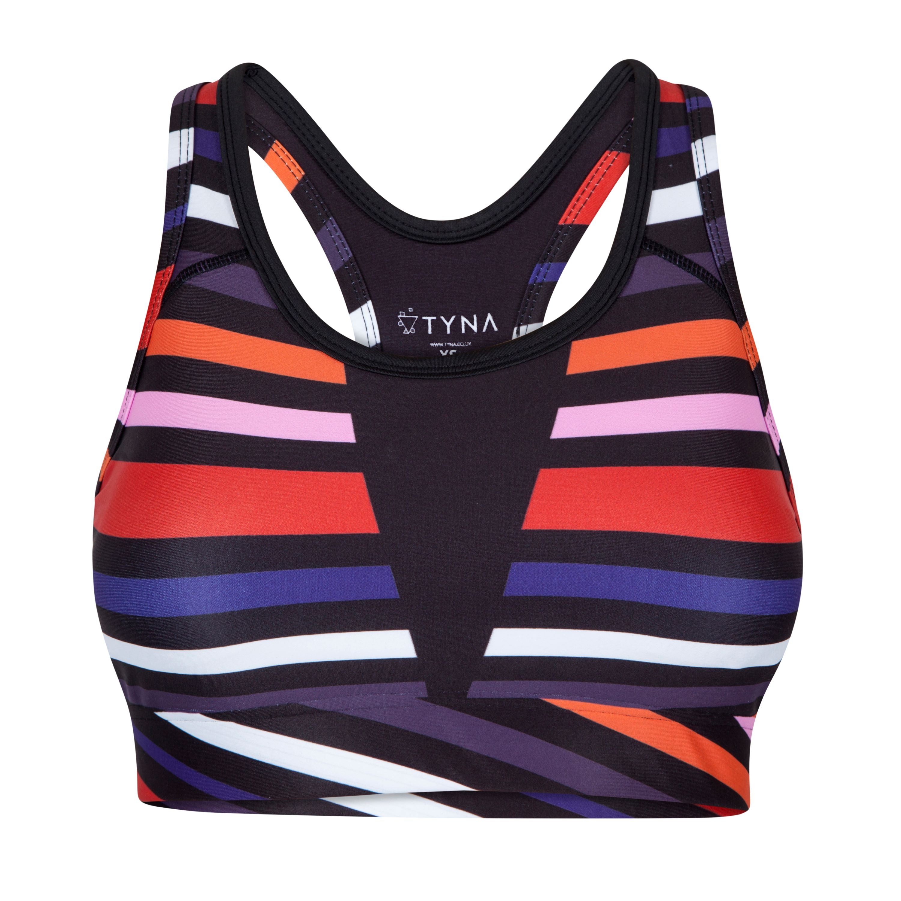 Aso-Oke Vibrant Sports Bra featuring a colorful striped pattern in pink, orange, blue, and purple, designed for medium support and comfort during workouts.