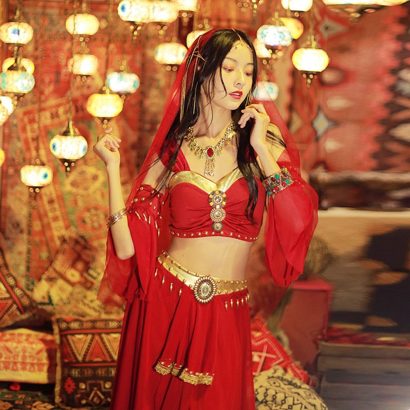 Belly Dance Carnival Egyptian Princess Costume featuring a top, pants, headveil, and accessories in vibrant colors and intricate designs.