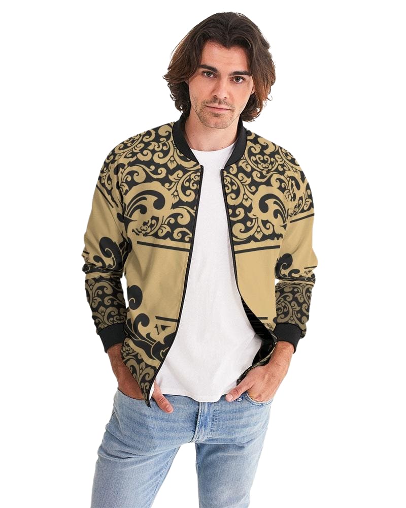 Men's bomber jacket featuring a black and beige vintage pattern, designed for casual and business wear with a relaxed fit and zipper closure.