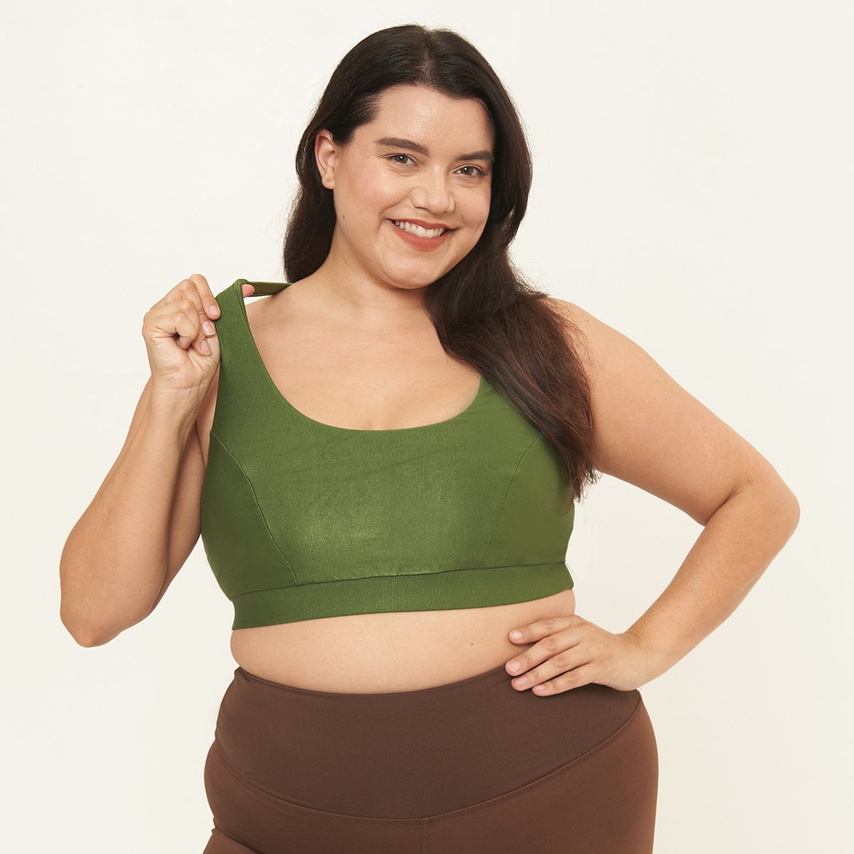 Cross Back Performance Bralette in chive rib pattern, featuring wide cross-back straps and double-layered construction for support.