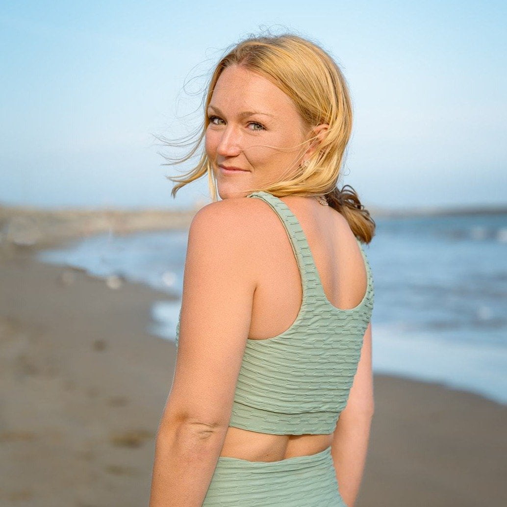 Lola Getts Double Scoop Bra Top in Moss Links Pattern, showcasing its stylish design and comfortable fit.