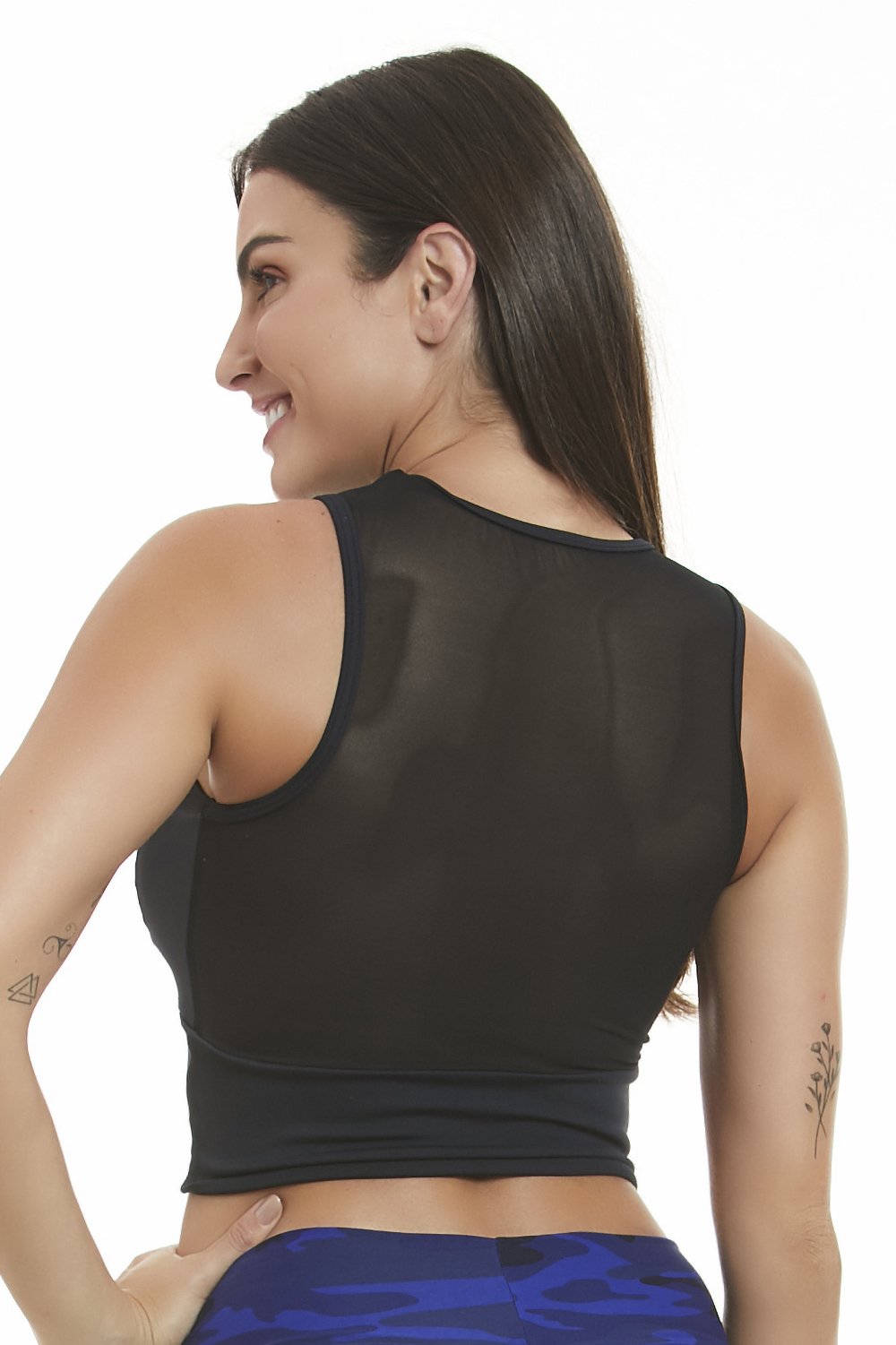 Elegance Black Crop Top featuring a high neck cut and frontal mesh panel, made from spandex with UV protection.