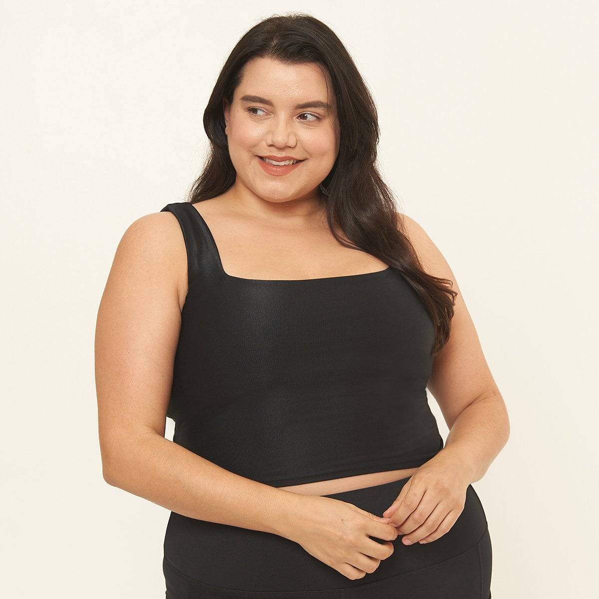 Lola Getts® Fitted Tank in Black Rib Texture featuring built-in bra and wide straps, ideal for workouts and casual wear.