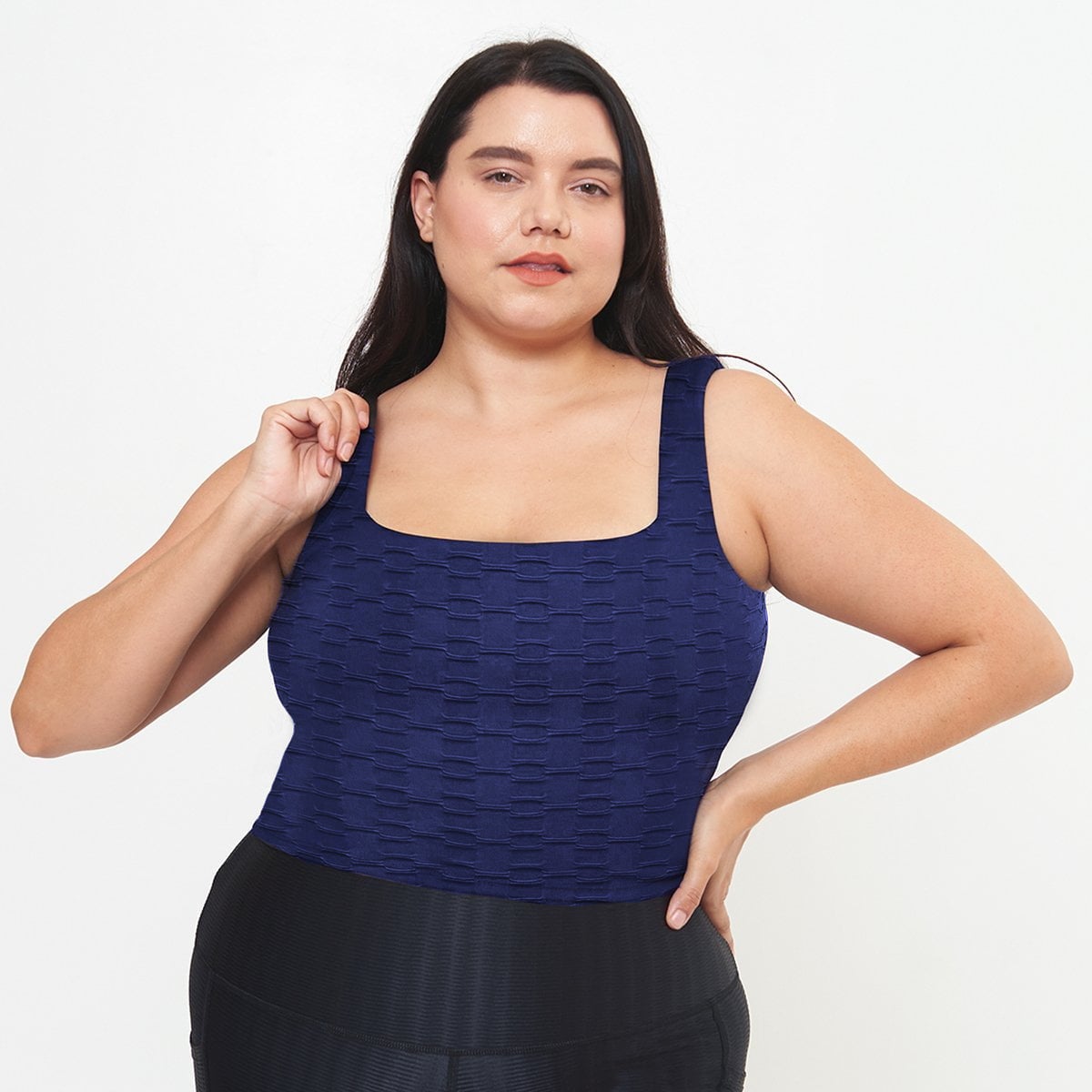 Lola Getts® Fitted Tank in Navy Links Pattern featuring built-in bra and soft straps, ideal for workouts and casual wear.