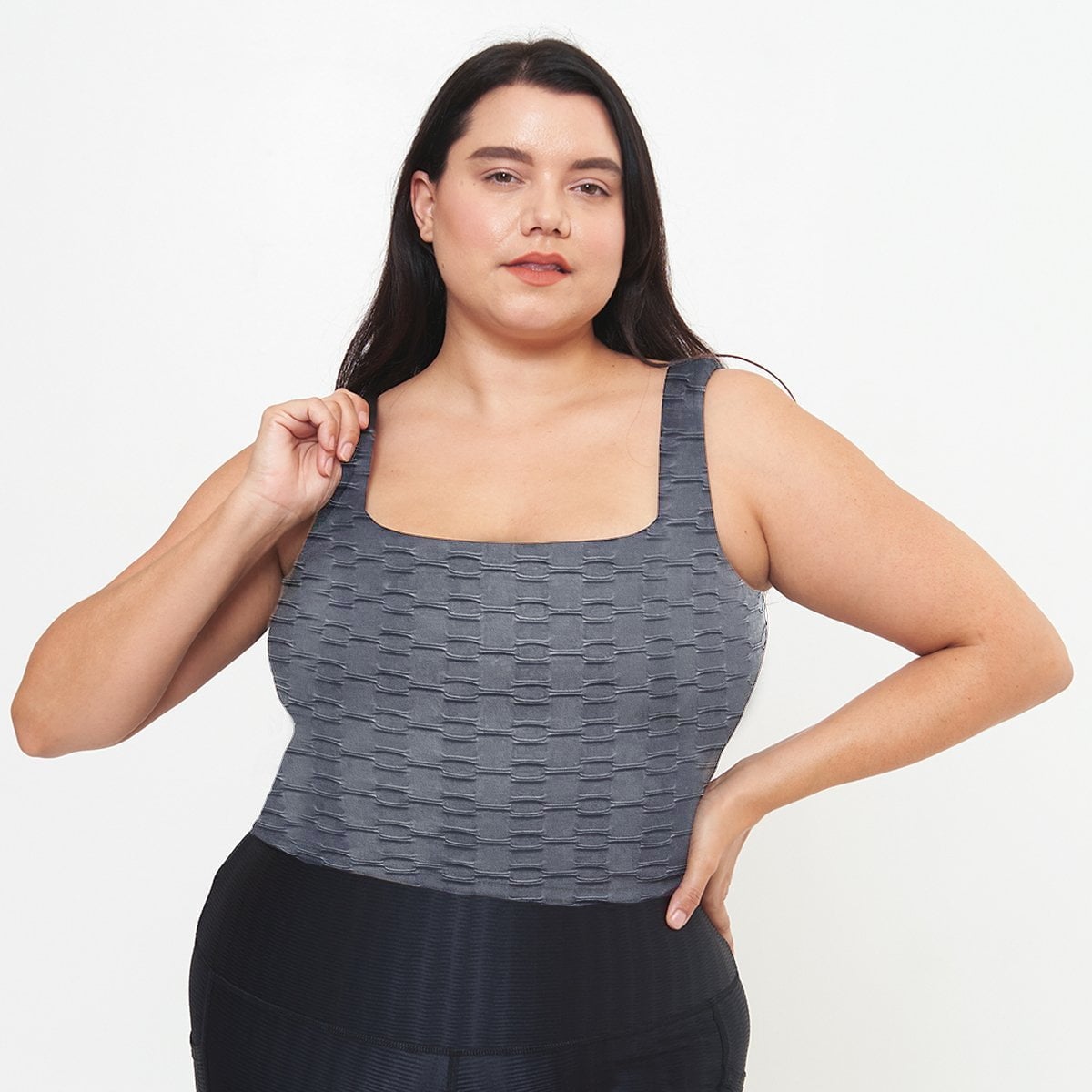 Lola Getts Fitted Tank in Slate Links Pattern, featuring built-in bra and soft straps, ideal for workouts and casual wear.