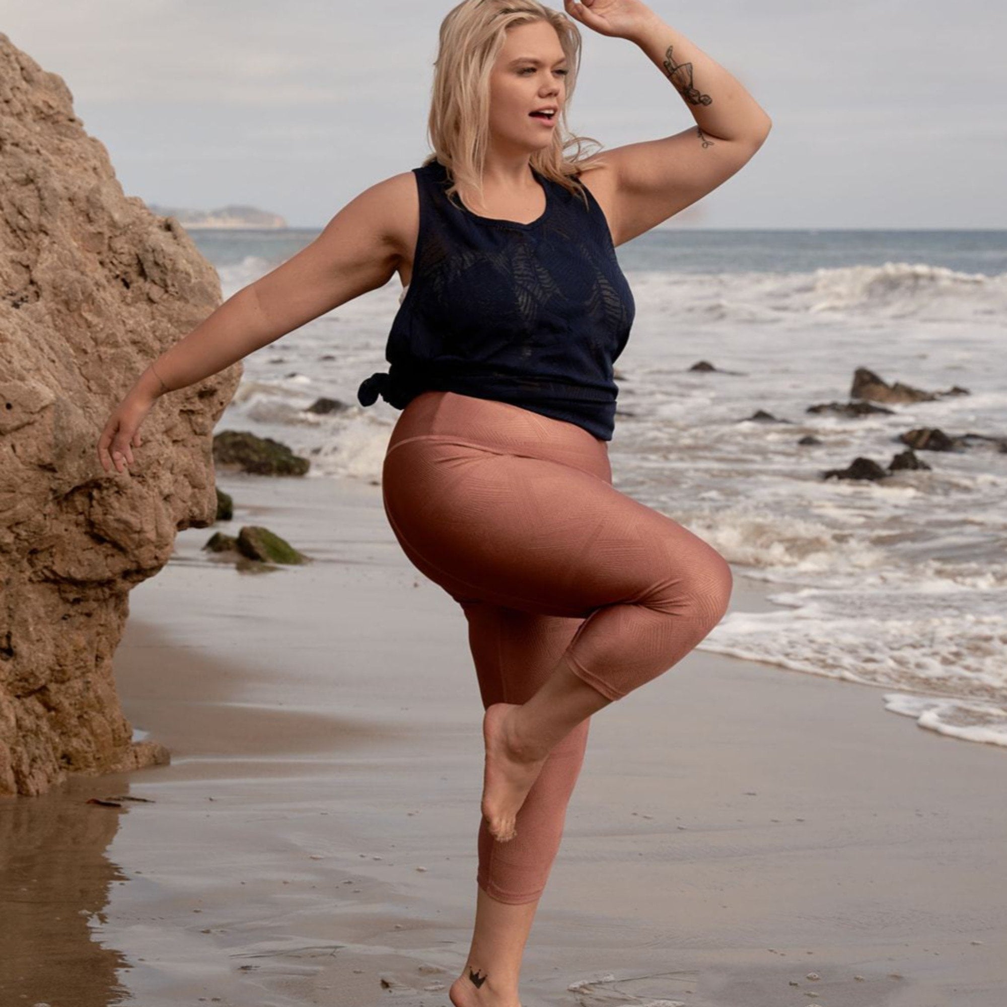 Hi-Rise Capri in Rose Gold Geo Pattern, featuring a stylish design and high-rise fit for comfort and support during workouts.