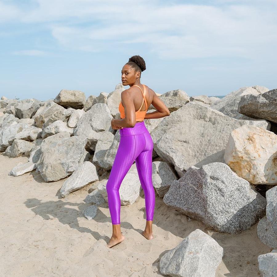 Hi-Rise Leggings in vibrant Fuchsia Zap pattern, showcasing their stylish design and comfortable fit.