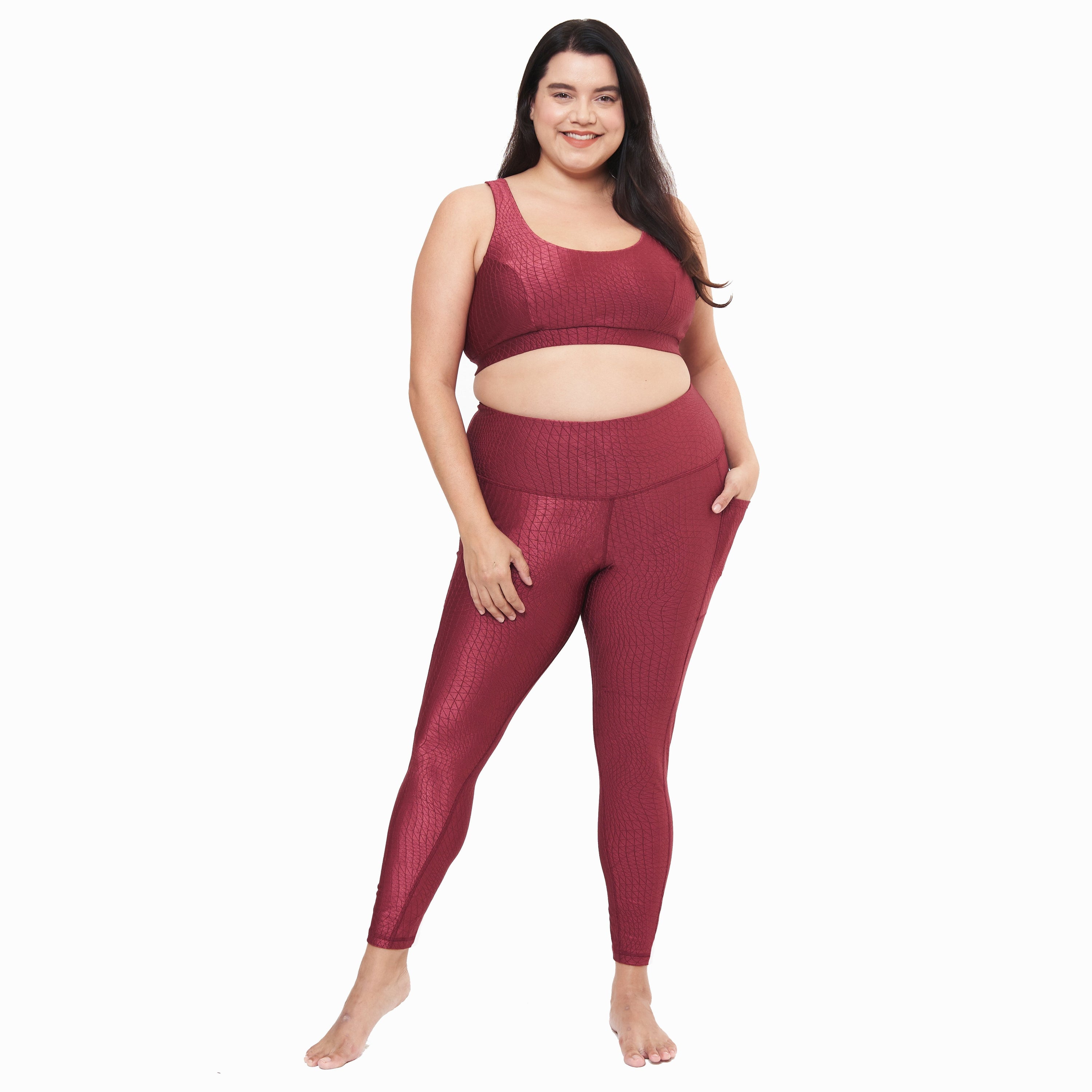Hi-Rise Square Pocket Leggings in Pomegranate Cube Pattern, showcasing a stylish design with a high waist and side pocket.