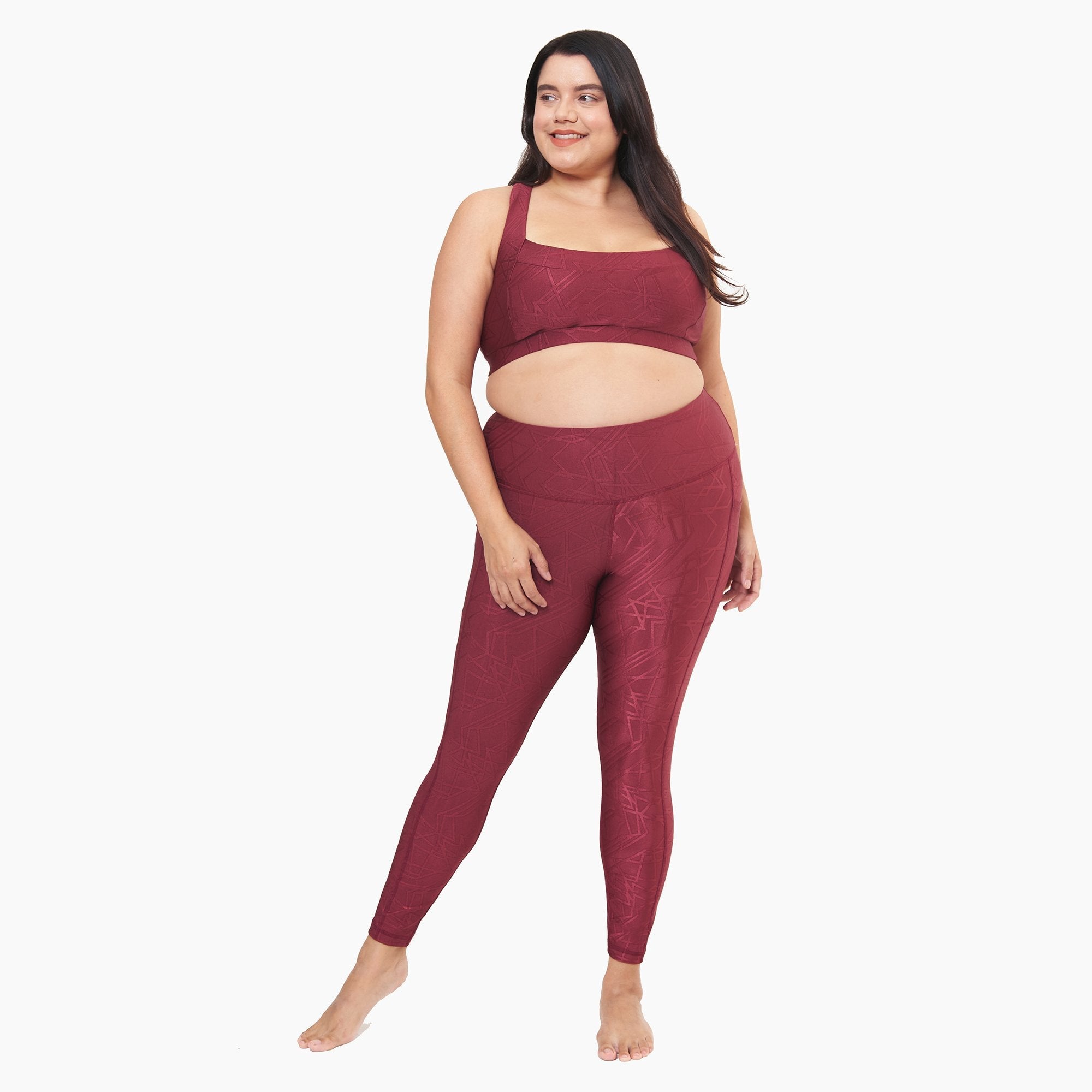 Hi-Rise Square Pocket Leggings in pomegranate linear pattern, showcasing high waist, side pocket, and smooth fabric.