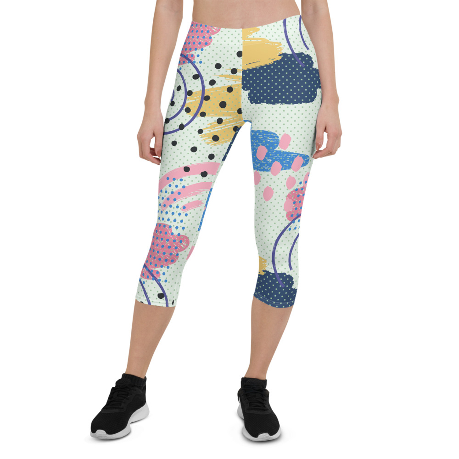 A pair of Memphis Pattern Capri Leggings for Women featuring vibrant, unique designs, perfect for workouts and casual wear.