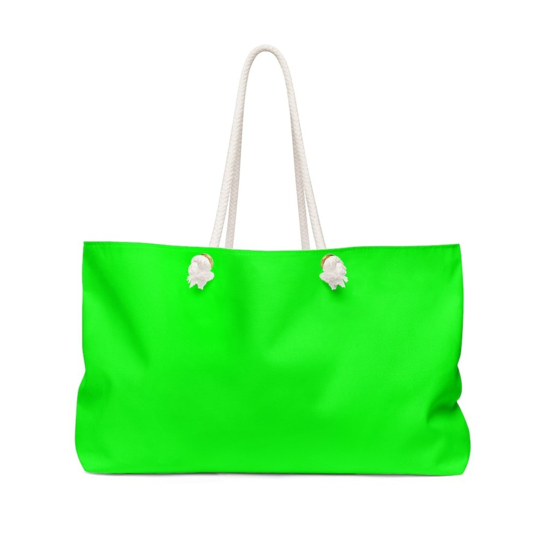 A vibrant neon green weekender tote bag with thick rope handles, perfect for beach trips and casual outings.