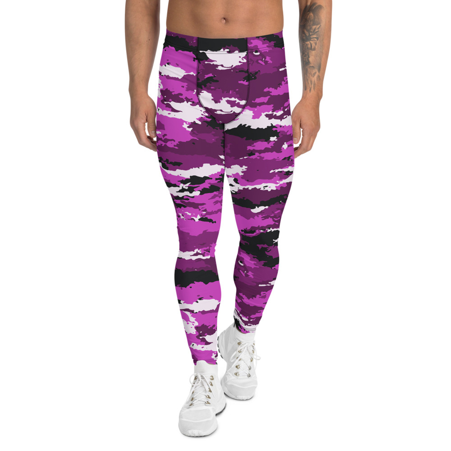 Men's pink purple camo leggings showcasing a high-performance fabric blend, designed for comfort and active lifestyles.