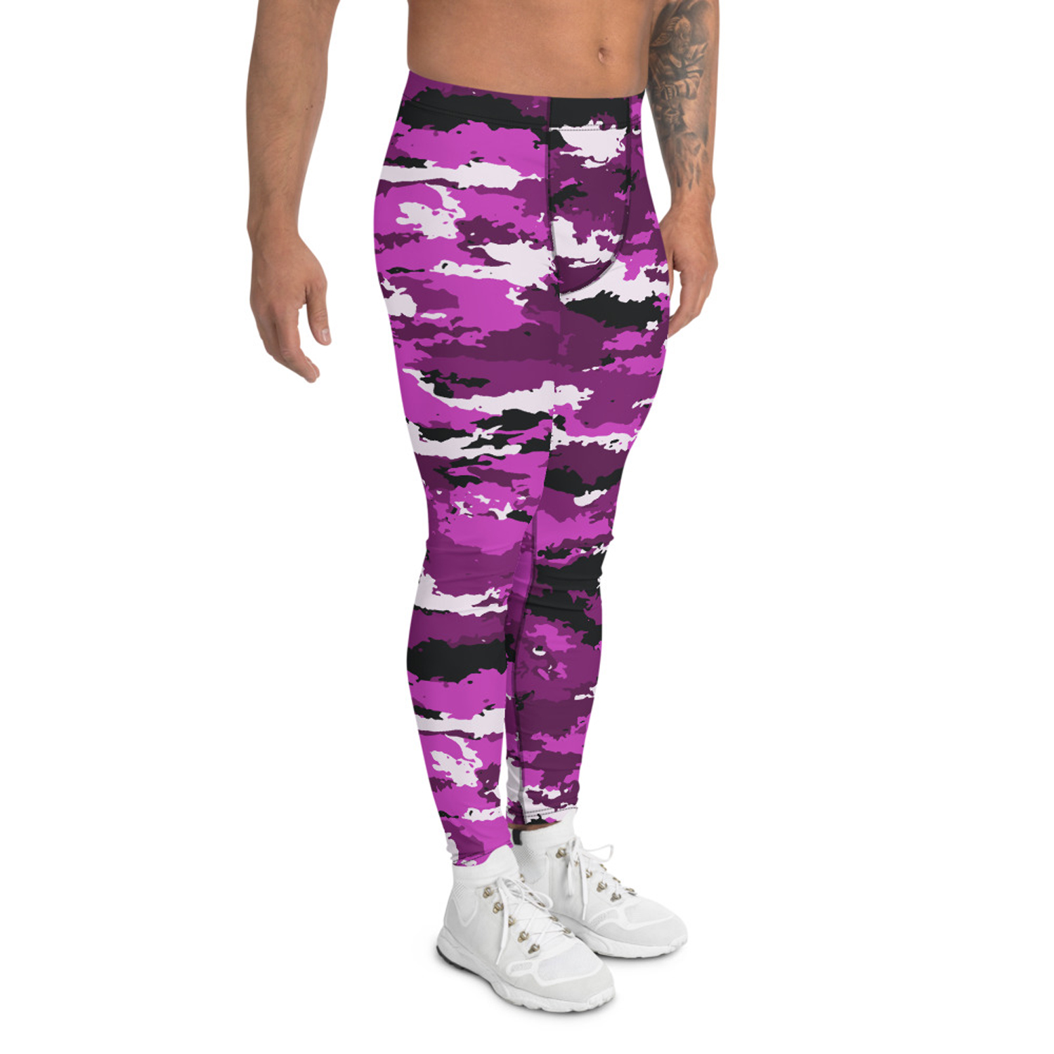 Men's pink purple camo leggings showcasing a high-performance fabric blend, designed for comfort and active lifestyles.