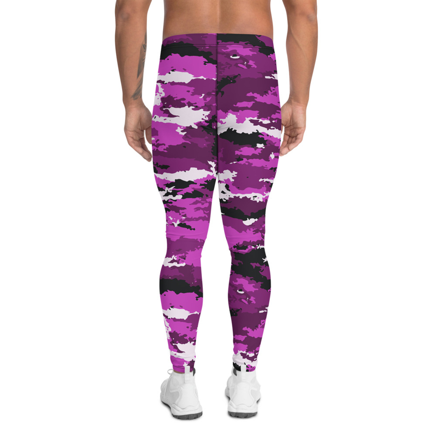 Men's pink purple camo leggings showcasing a high-performance fabric blend, designed for comfort and active lifestyles.