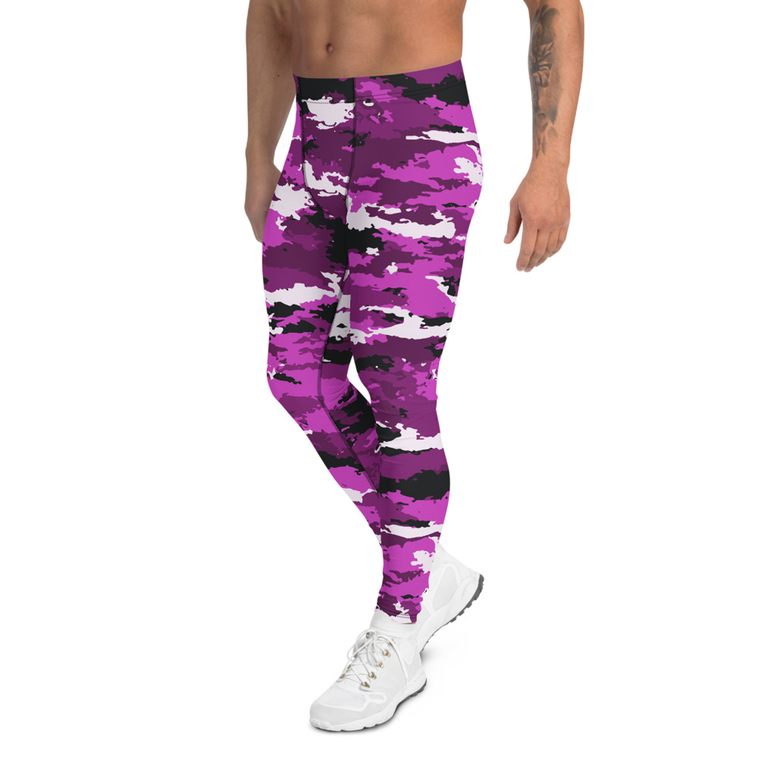 Men's pink purple camo leggings showcasing a high-performance fabric blend, designed for comfort and active lifestyles.