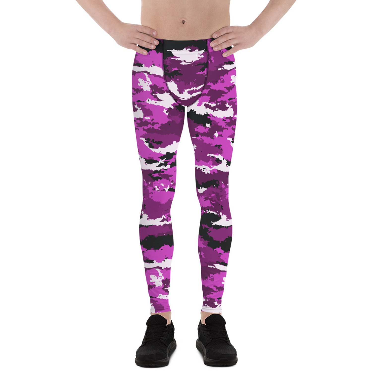 Men's pink purple camo leggings showcasing a high-performance fabric blend, designed for comfort and active lifestyles.