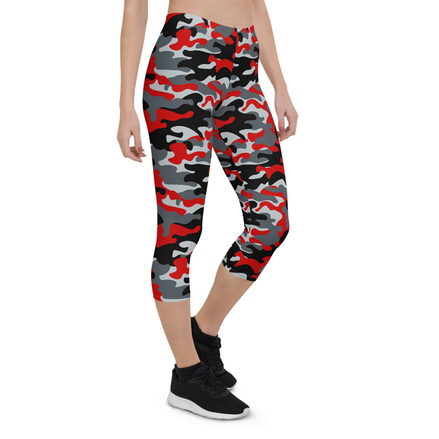 A pair of women's red and gray camo capri leggings, showcasing a unique graphic design, perfect for workouts and casual wear.