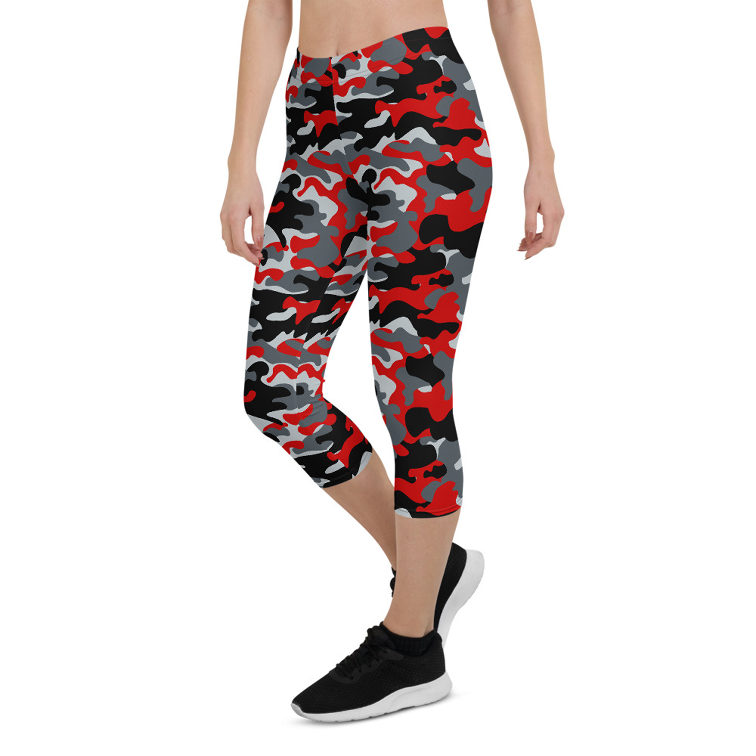 A pair of women's red and gray camo capri leggings, showcasing a unique graphic design, perfect for workouts and casual wear.