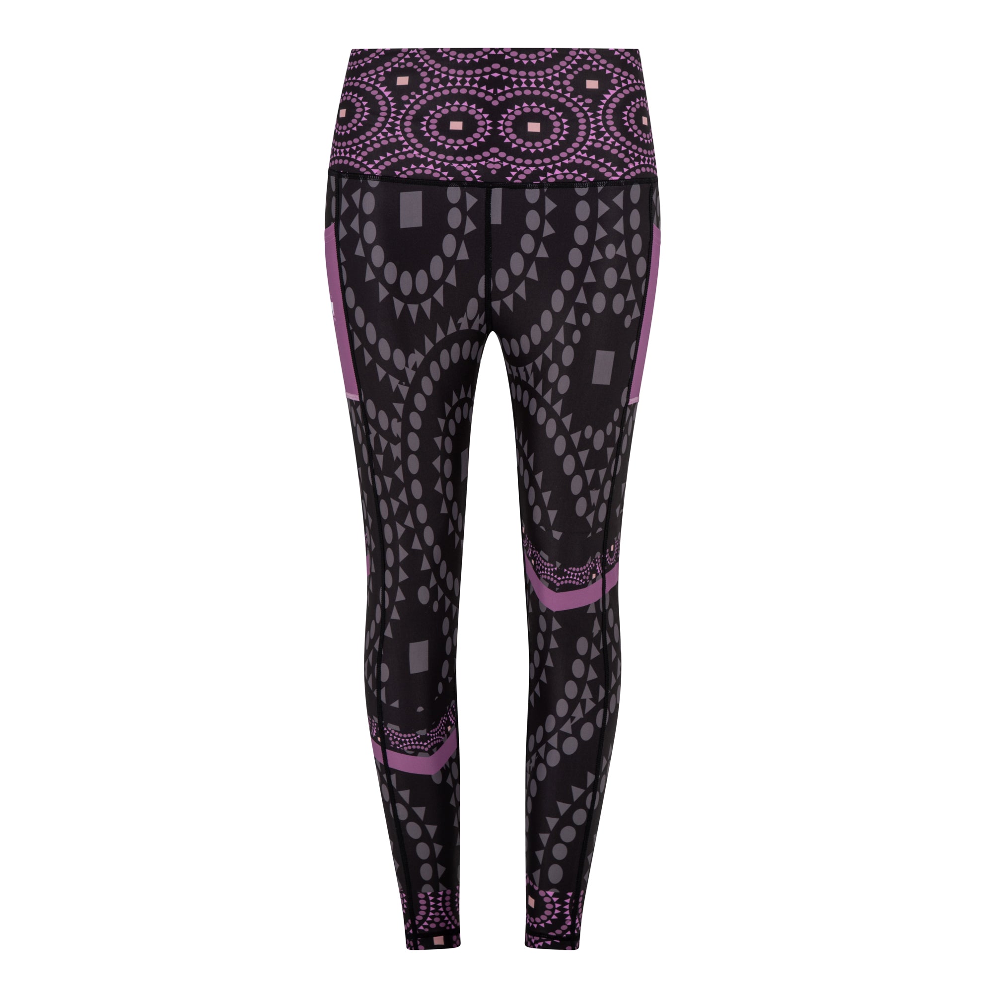 A pair of Signature On Purple Splash Leggings featuring a unique print with side pockets, showcasing vibrant purple tones and stylish design.